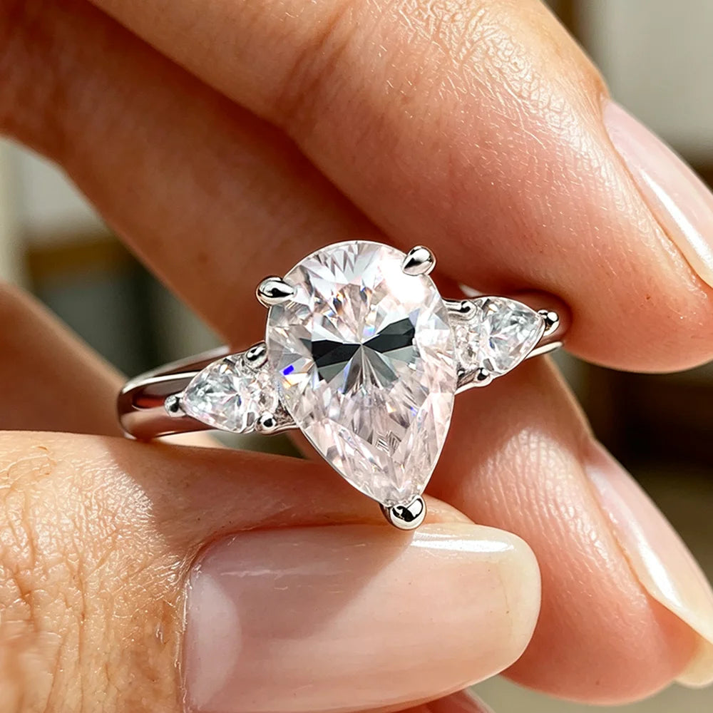 Pear Cut Moissanite 3-Stone Ring | 1CT–4CT | Full Moissanite | GRA Certified | 925 Silver