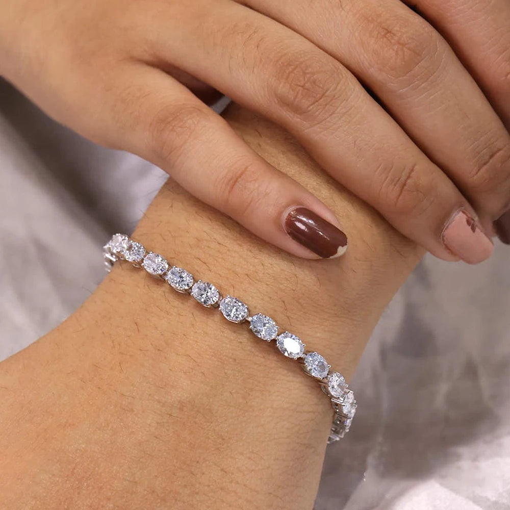 East-West Set Oval Cut Moissanite Tennis Bracelet | 0.3CT / 0.5CT / 1CT | Certified | 925 Silver | Gold & Silver