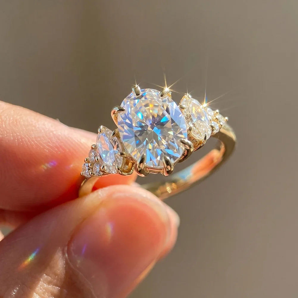 Oval Moissanite Cluster Ring | 2CT Center | Marquise & Round Accents | Gold & Silver