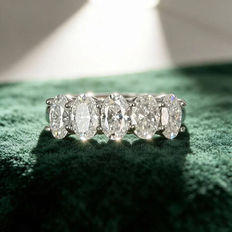 5-Stone Oval Cut Moissanite Half Eternity Band | 2.5CT Total | 925 Sterling Silver