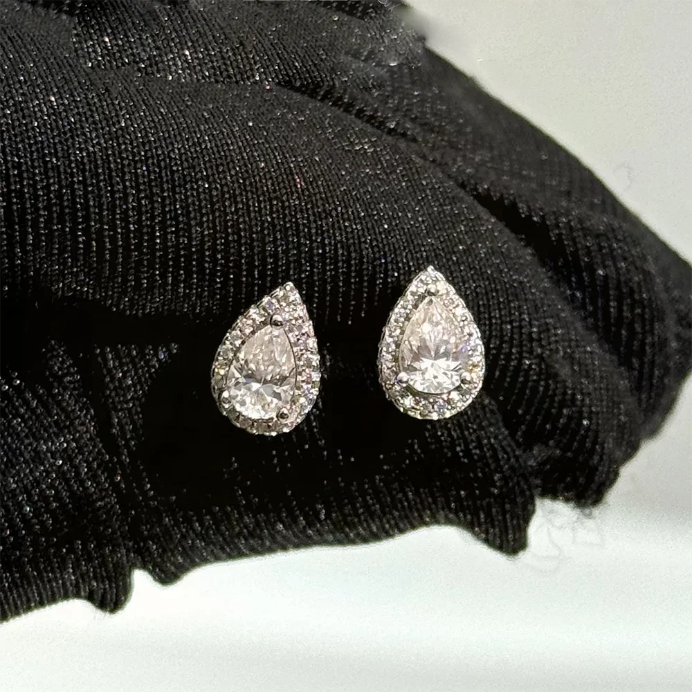 Pear Cut Moissanite Halo Stud Earrings | 0.5CT / 1CT Each | Certified | 925 Sterling Silver | Butterfly Back