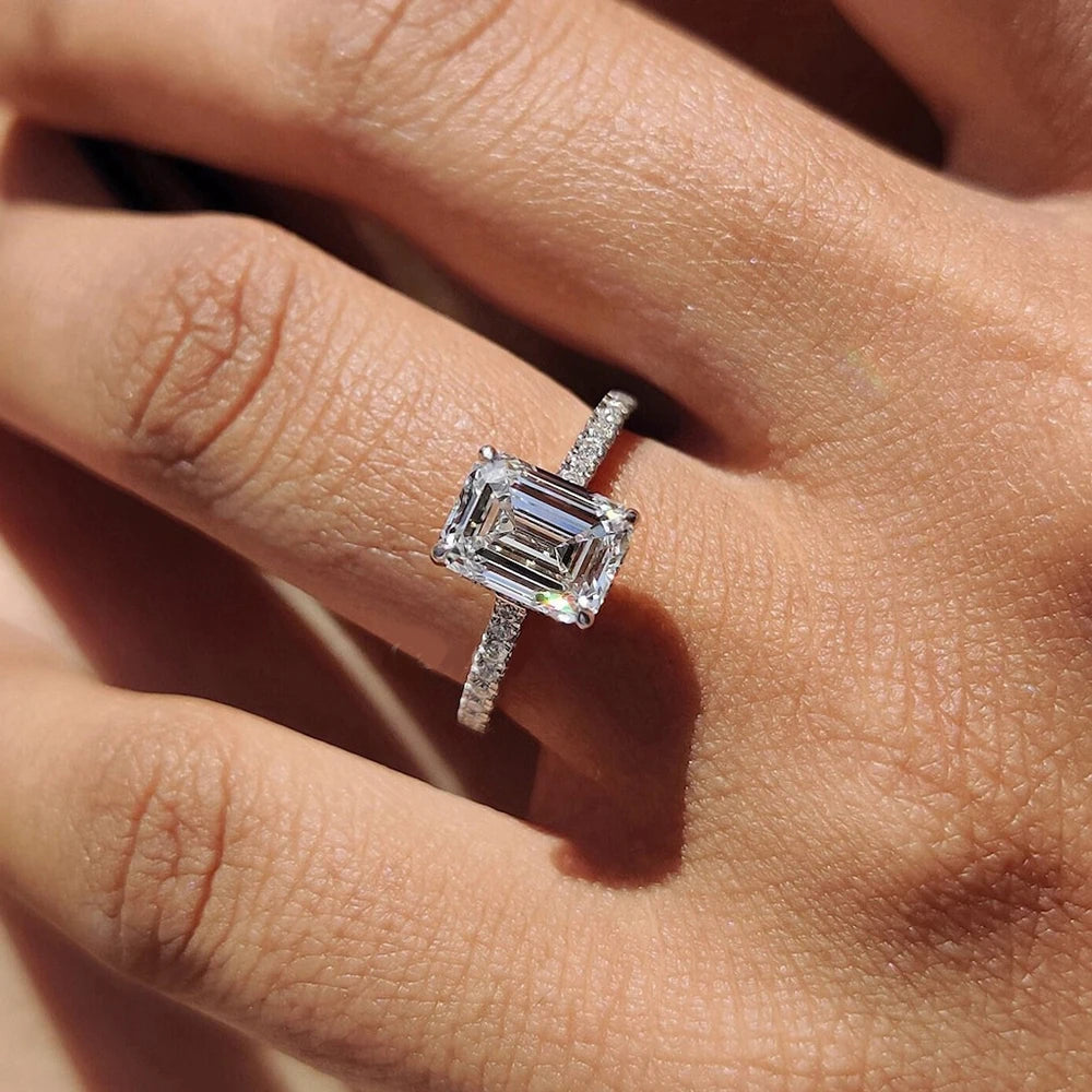 Emerald Cut Moissanite Hidden Halo Ring | 1CT / 2CT / 3CT / 4CT | GRA Certified | 925 Silver 18K Gold Plated
