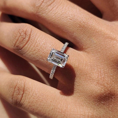 Emerald Cut Moissanite Hidden Halo Ring | 1CT / 2CT / 3CT / 4CT | GRA Certified | 925 Silver 18K Gold Plated