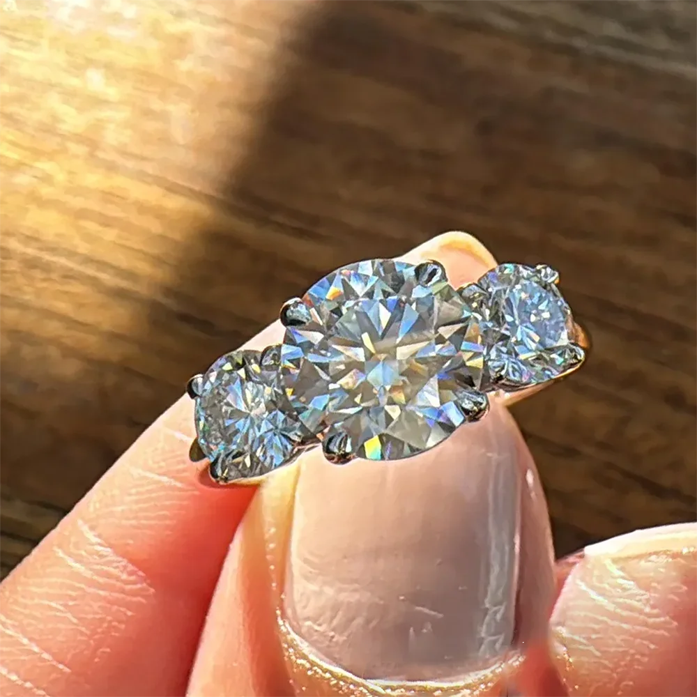 Round Cut Moissanite 3-Stone Ring | 2CT / 4CT Total | 18K Gold Plated | GRA Certified | 925 Silver