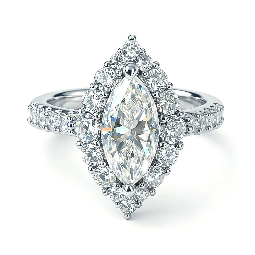 Marquise Cut Moissanite Vintage Halo Ring | 2CT | Pavé CZ Halo