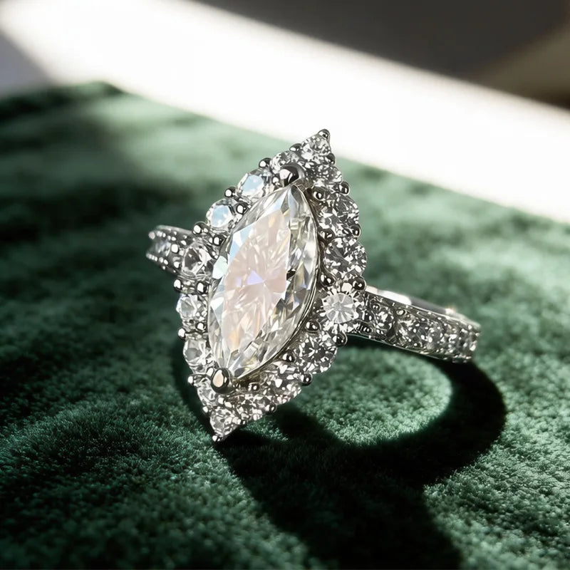 Marquise Cut Moissanite Vintage Halo Ring | 2CT | Pavé CZ Halo