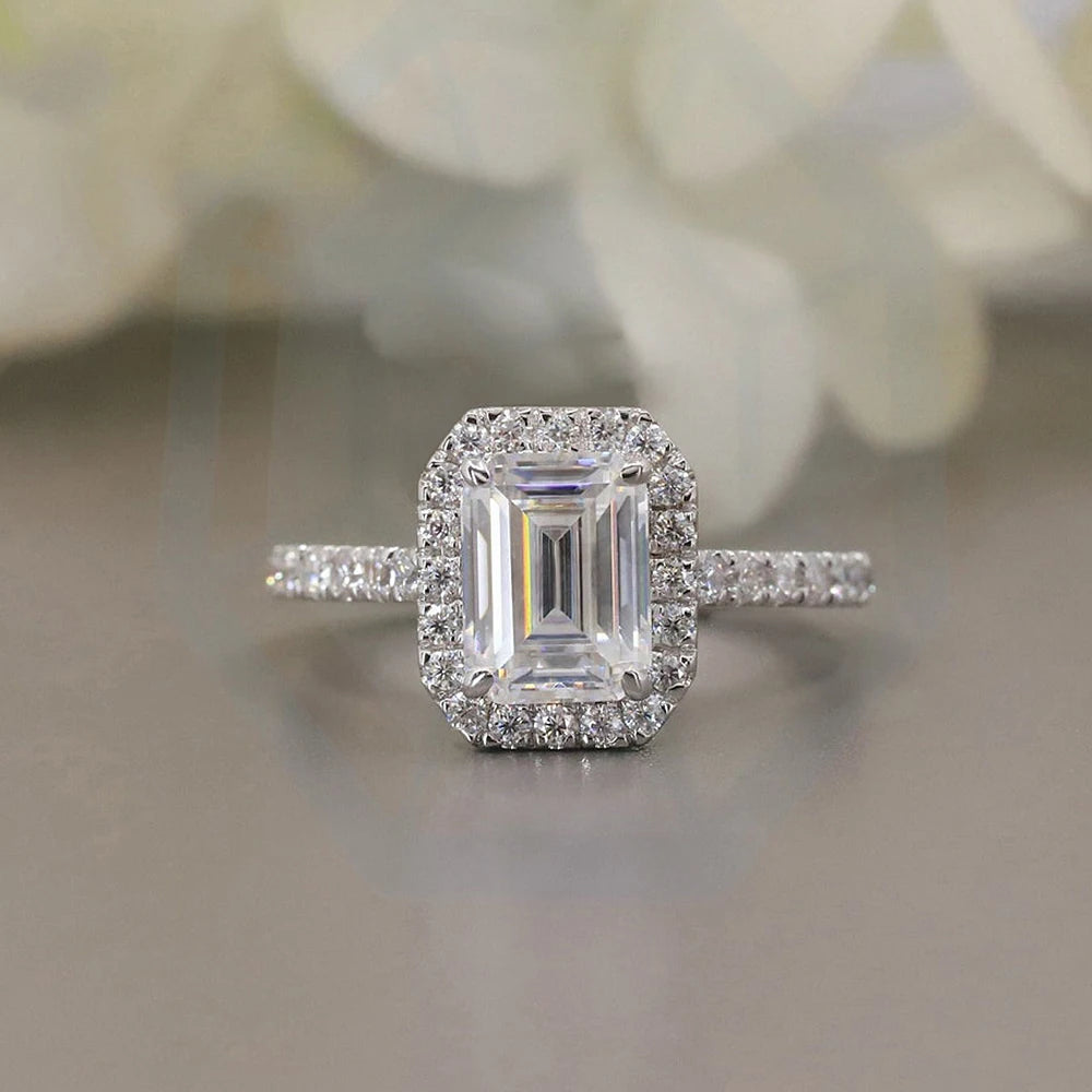 Emerald Cut Moissanite Halo Ring | 1CT / 2CT | GRA Certified | 18K Gold Plated | 925 Silver