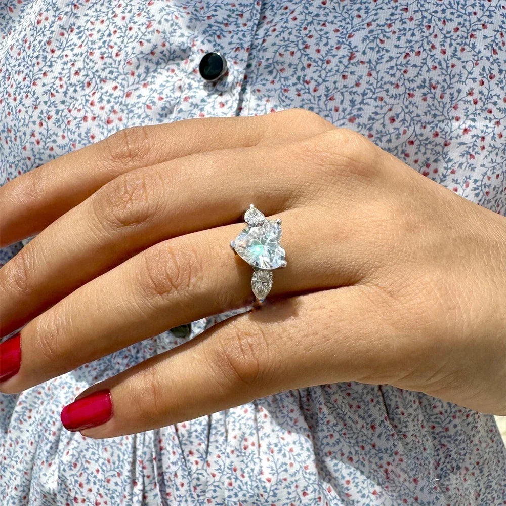 Heart Cut Moissanite Ring | Pear Cut Side Stones | 1CT / 2CT / 3CT / 4CT | 925 Sterling Silver