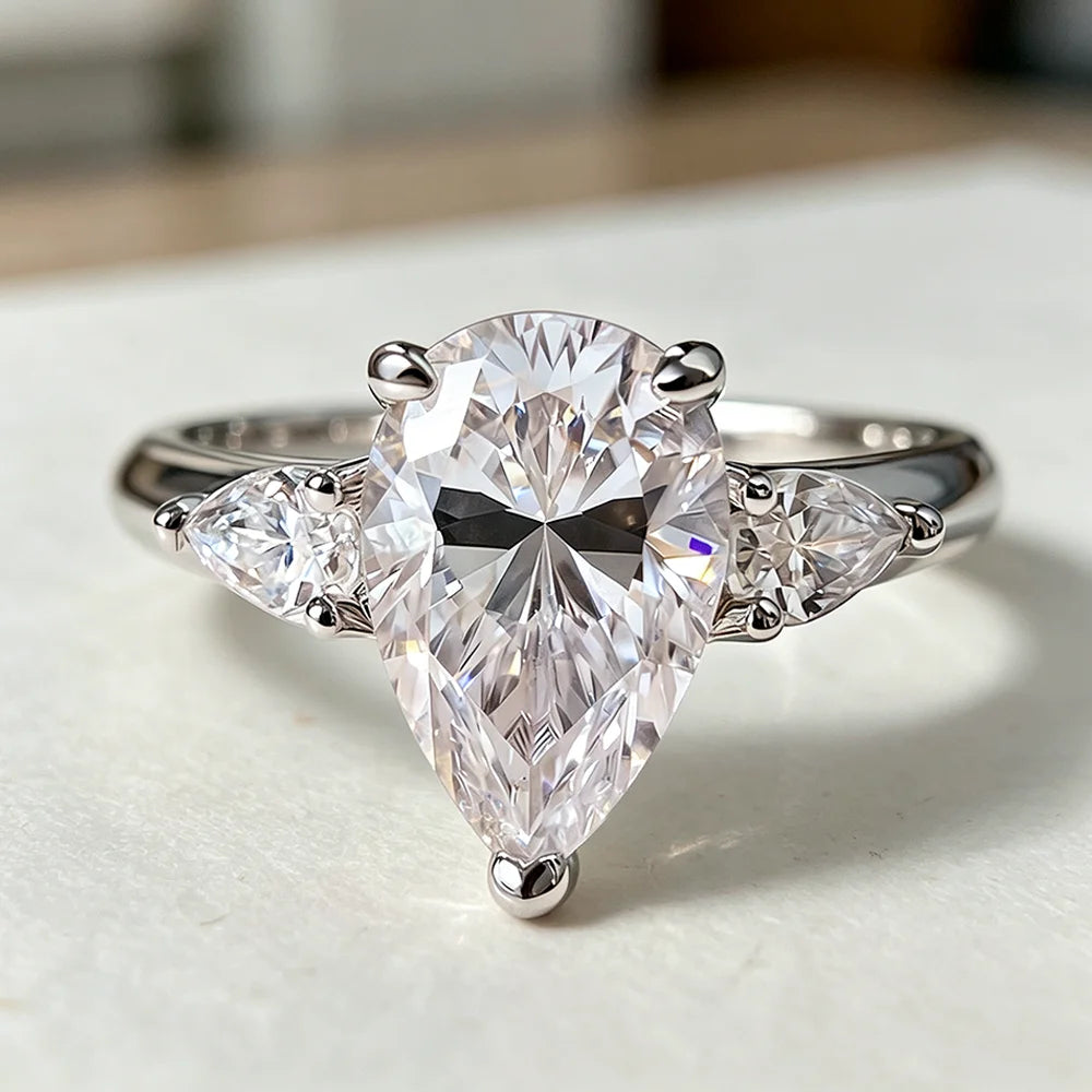 Pear Cut Moissanite 3-Stone Ring | 1CT–4CT | Full Moissanite | GRA Certified | 925 Silver