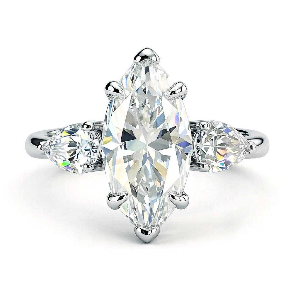 Marquise Moissanite Three Stone Ring | 3CT Center | Pear Side Stones