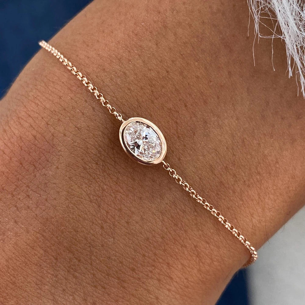 Bezel Set Oval Cut Moissanite Solitaire Bracelet | 1CT / 2CT | Certified | 925 Silver 18K Gold Plated | Gold / Silver / Rose Gold