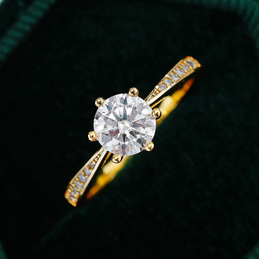 Round Cut Moissanite Ring | 1CT | 6-Prong | Pavé Band | 18K Gold Plated 925 Silver