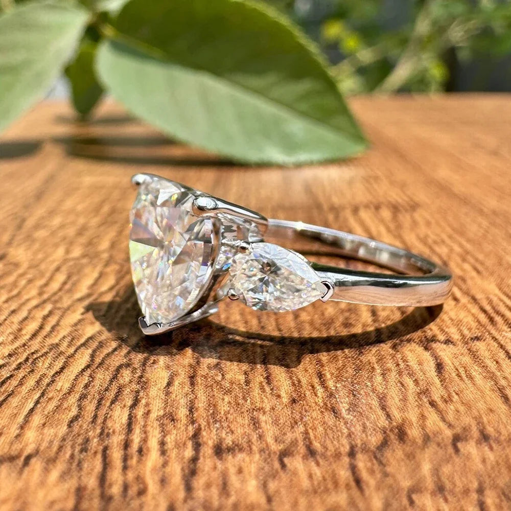 Heart Cut Moissanite Ring | Pear Cut Side Stones | 1CT / 2CT / 3CT / 4CT | 925 Sterling Silver