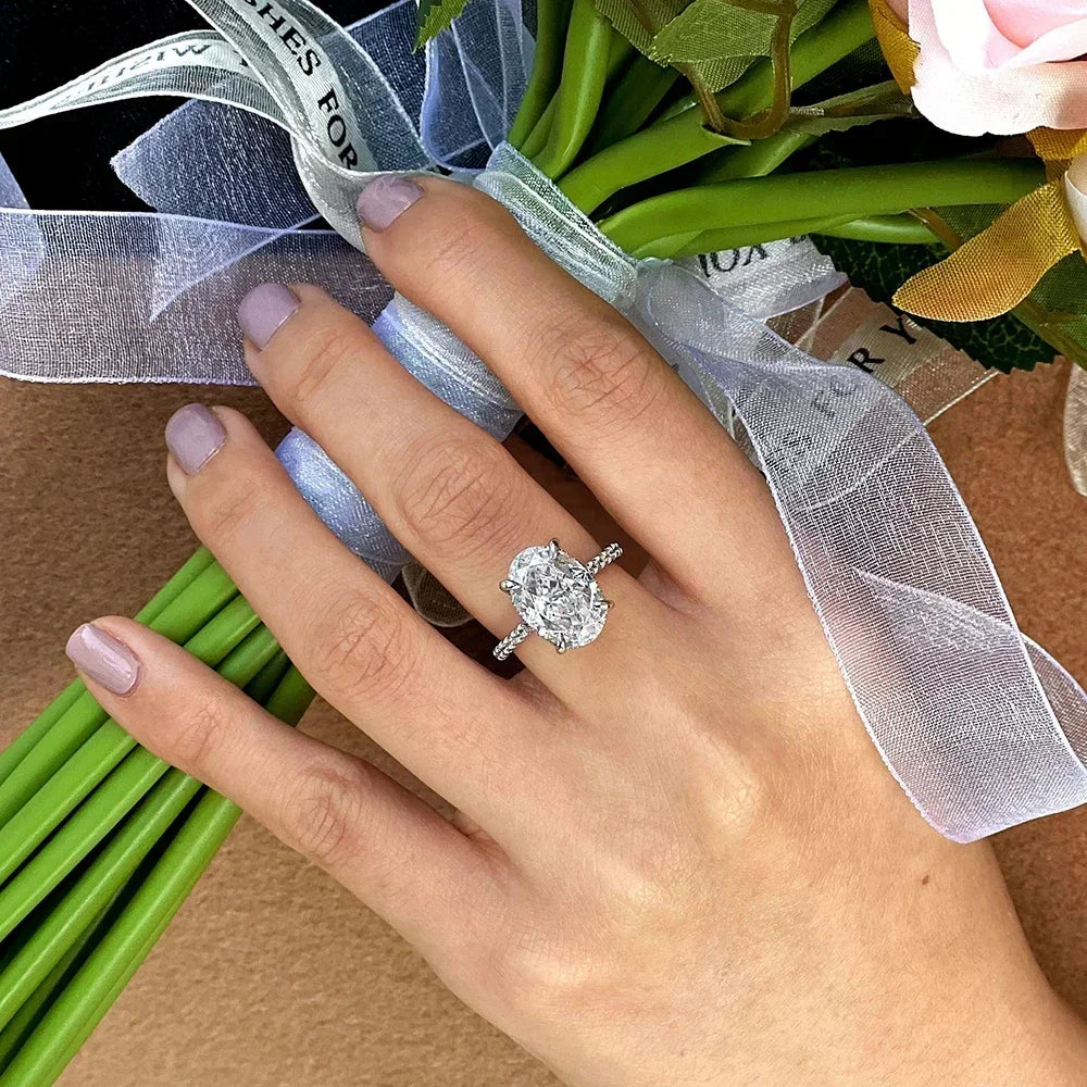 Oval Cut Full Moissanite Hidden Halo Ring | 1CT / 2CT / 3CT / 4CT | 925 Silver Platinum Plated
