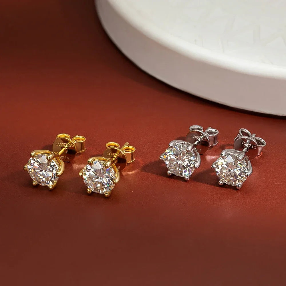 Round Moissanite Stud Earrings | 0.1CT to 3CT | 6-Prong | GRA Certified | Gold & Silver | 925 Silver