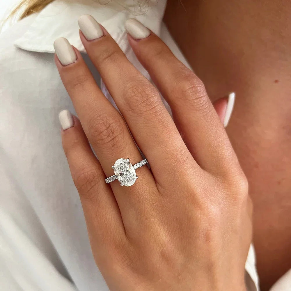 Oval Cut Full Moissanite Hidden Halo Ring | 1CT / 2CT / 3CT / 4CT | 925 Silver Platinum Plated