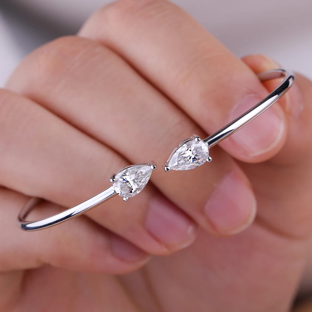 2-Stone Pear Cut Moissanite Open Cuff Bangle | 5×8mm | Certified | 925 Silver | Gold / Silver / Rose Gold