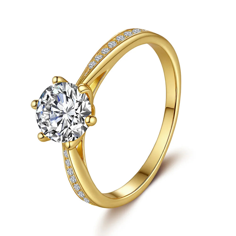 Round Cut Moissanite Ring | 1CT | 6-Prong | Pavé Band | 18K Gold Plated 925 Silver