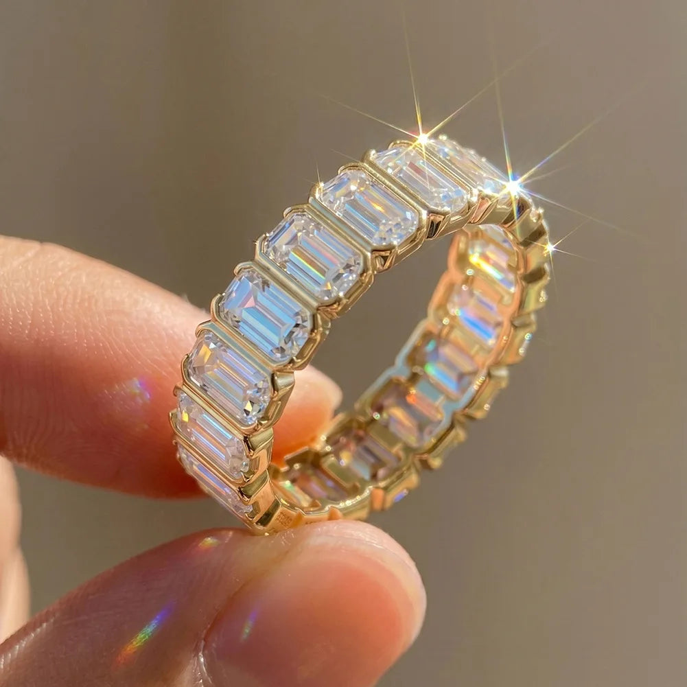 Emerald Cut Moissanite Full Eternity Ring | Stackable Wedding Band | Gold & Silver