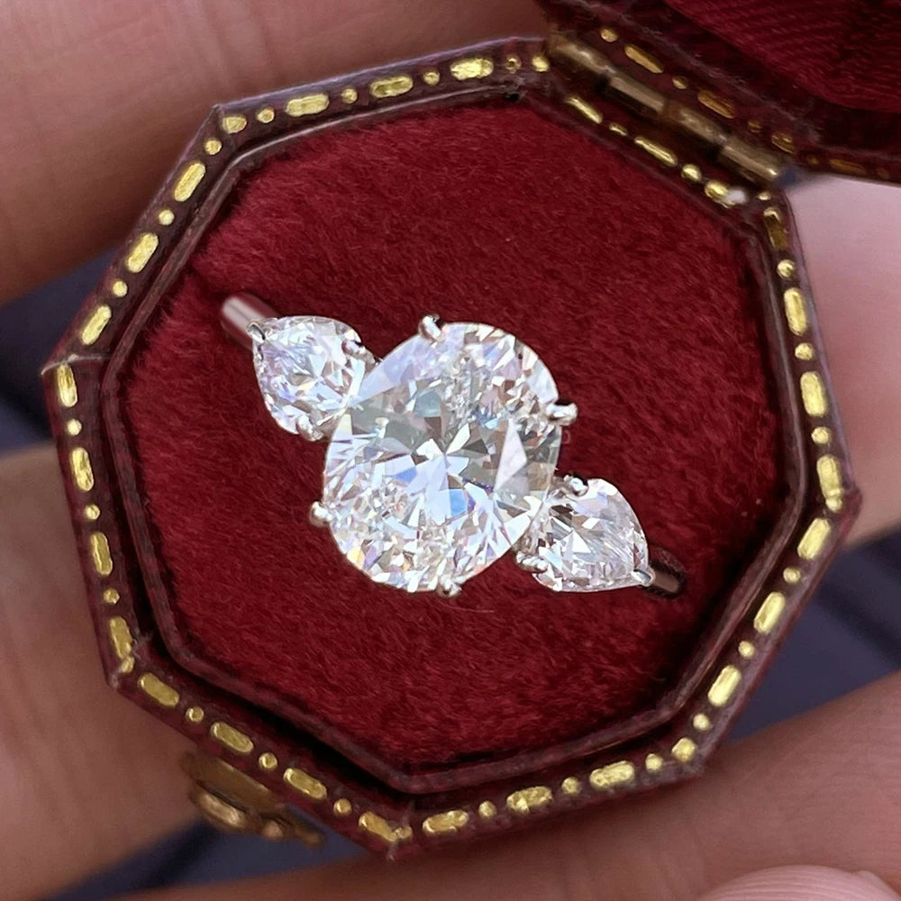 Oval Cut Moissanite 3-Stone Ring | Pear Side Stones | 3CT / 8CT Total | 925 Sterling Silver