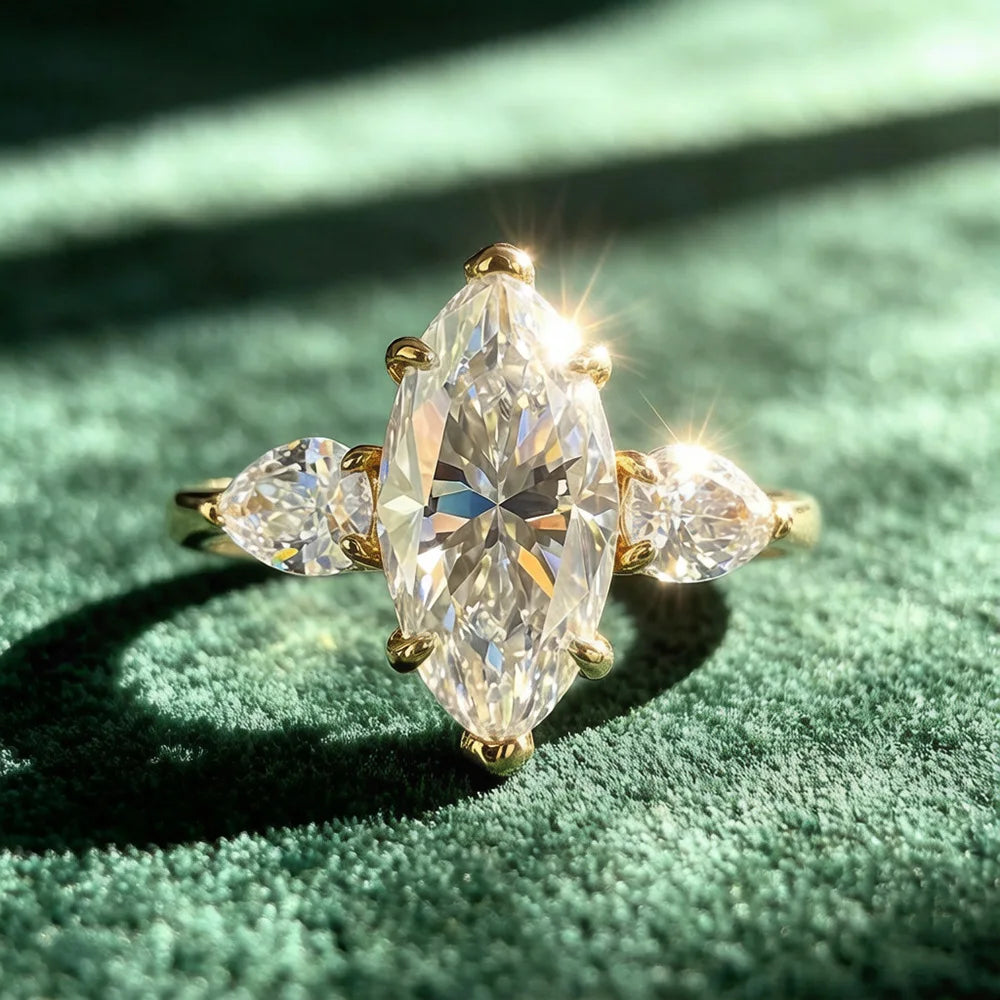 Marquise Moissanite Three Stone Ring | 3CT Center | Pear Side Stones