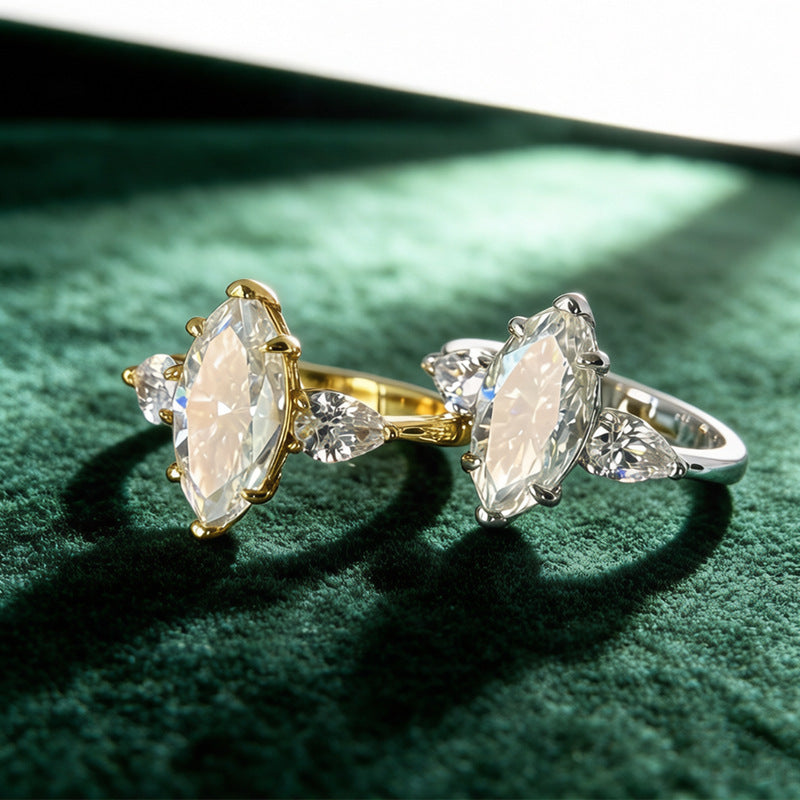 Marquise Moissanite Three Stone Ring | 3CT Center | Pear Side Stones