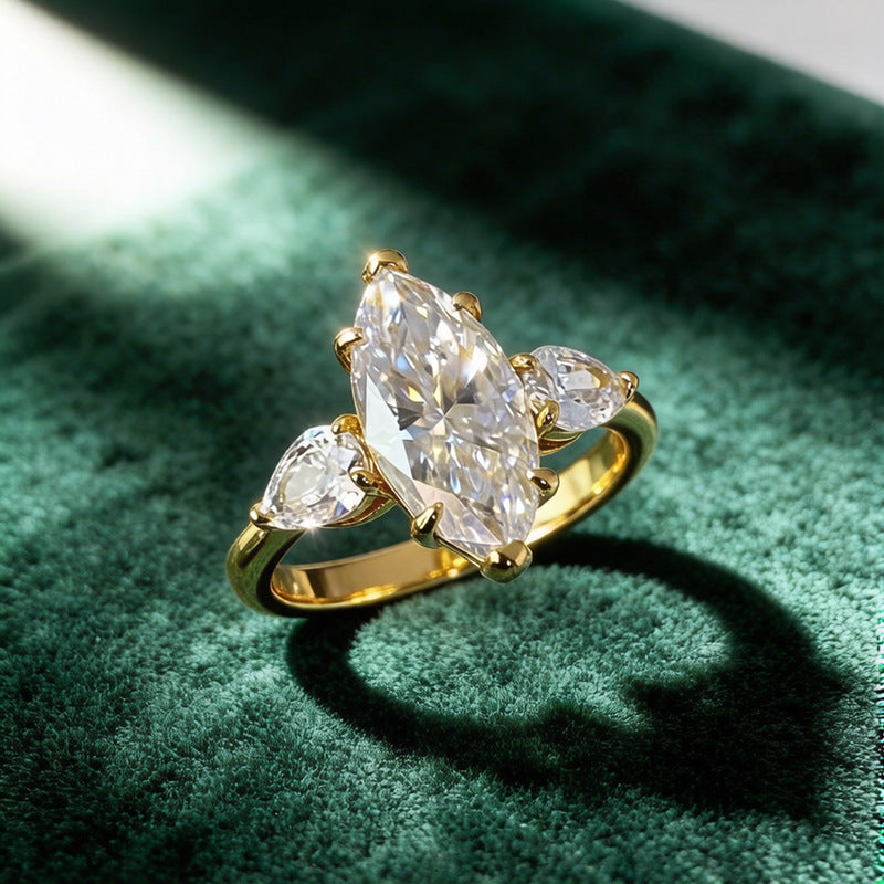 Marquise Moissanite Three Stone Ring | 3CT Center | Pear Side Stones